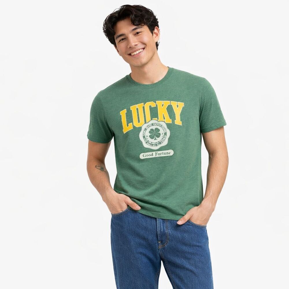 Lucky Brand Mens Tshirt Green Good Fortune Graphic Short Sleeve Tagless